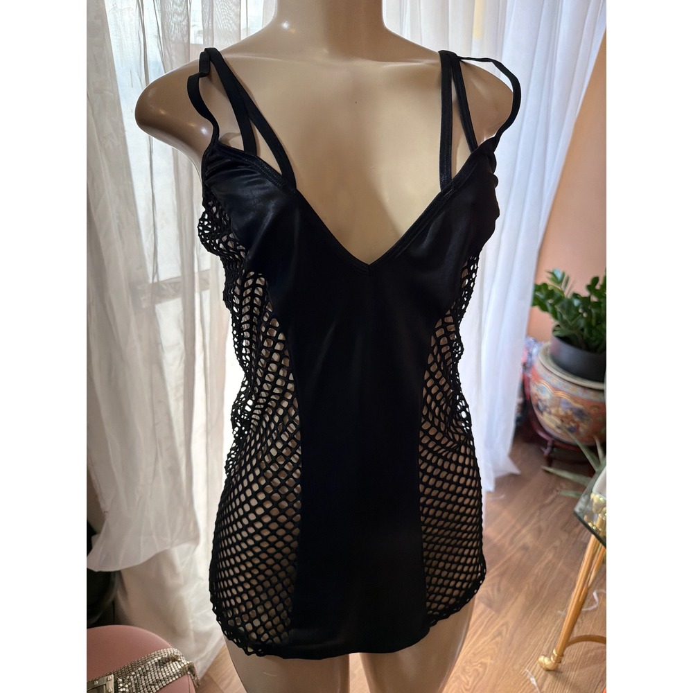 Music Legs Lingerie Black Fishnet Mesh V-Neck Chemise Mini Dress adjustab straps